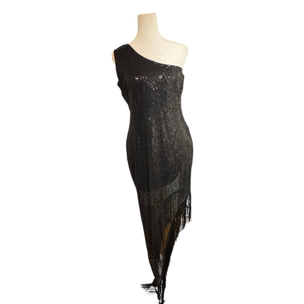 Size L One Shoulder Black Sequin Party Holiday Asymmetric Fringe Hem Dress